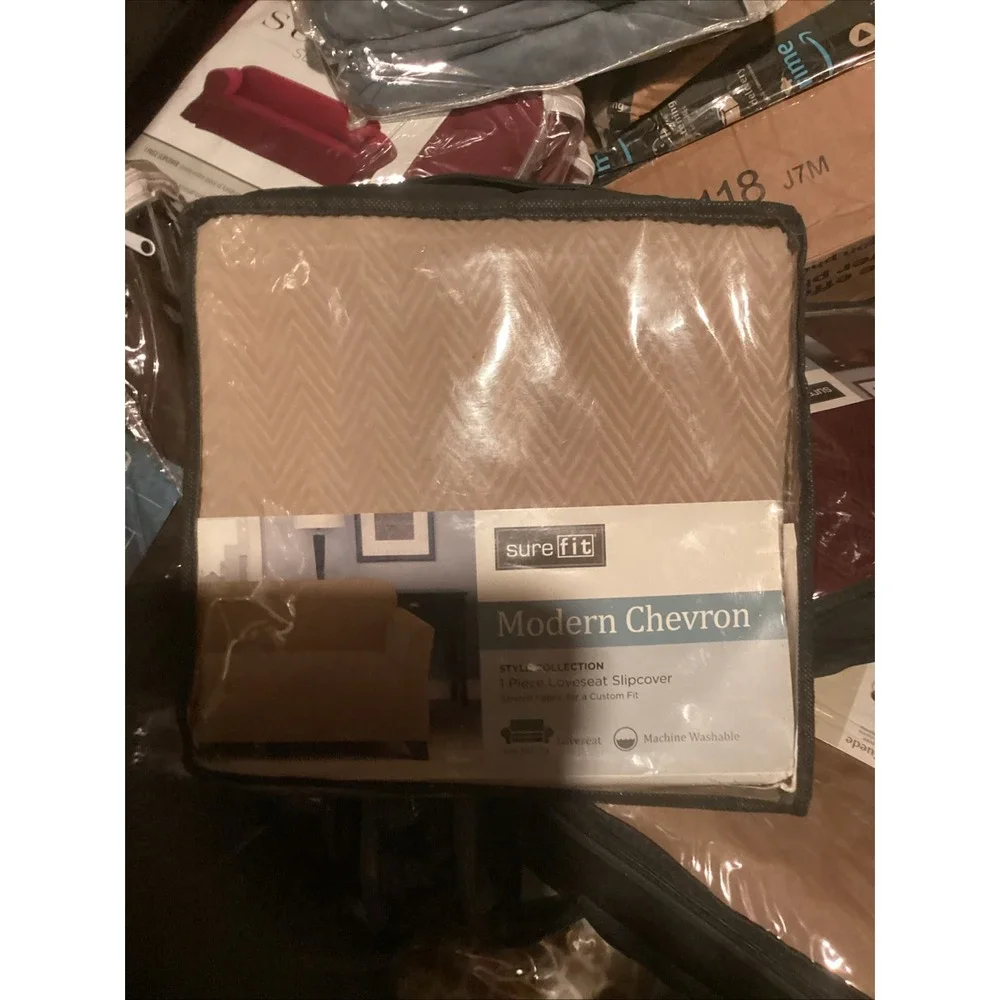 SureFit Stretch Modern Chevron 1 Piece Loveseat Slipcover Khaki Brown